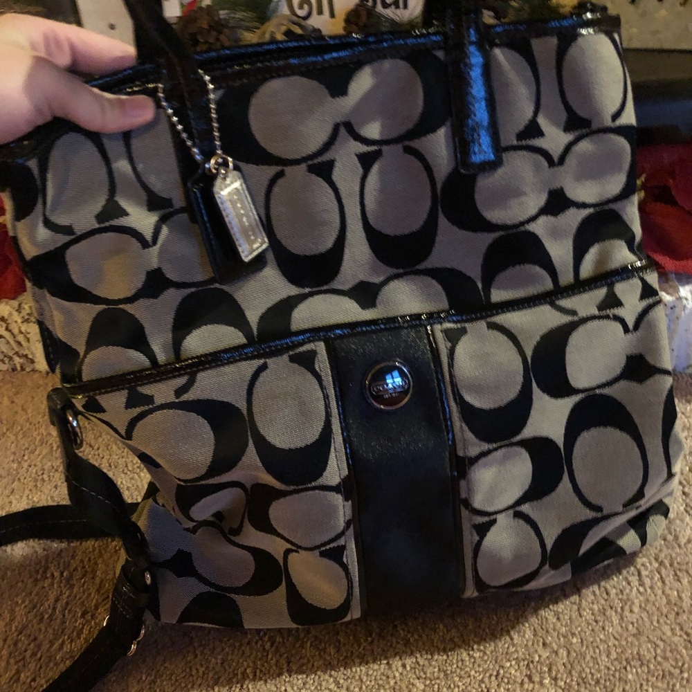 Black and grey cross body coach purse